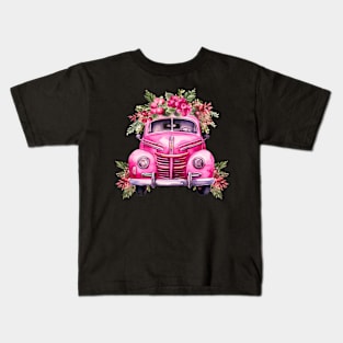 Floral Christmas Vintage Taxi Car Kids T-Shirt